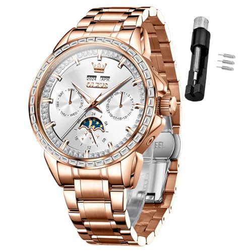 Image of OLEVS Automatic Men Watch Self Winding Mechanical Luxury Dress Moon Phase Stainless Steel Waterproof Luminous Calendar Wrist Watch
