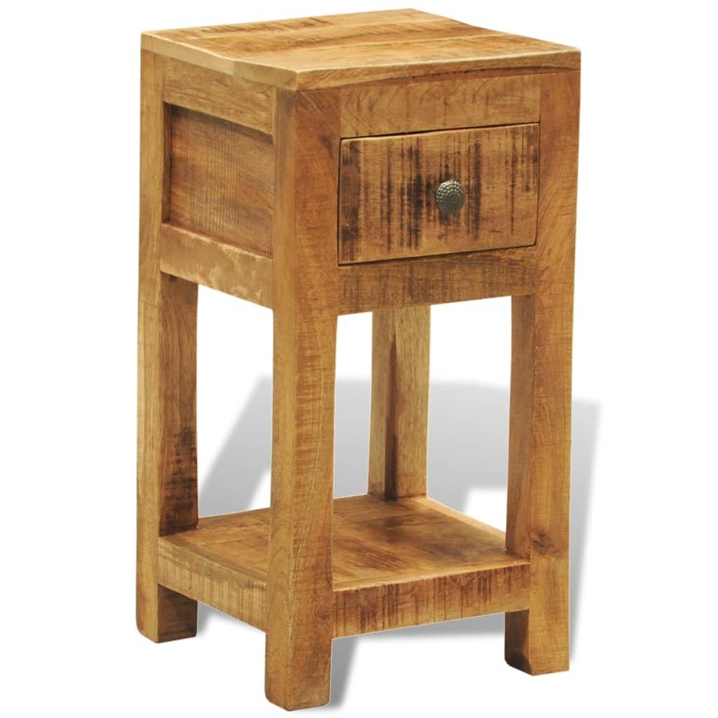 Beistelltisch aus massivem Mangoholz mit Schublade und unterer Ablage, ideal als Nachttisch oder neben der Couch für Schlüssel, Notizblöcke und Dekoartikel.