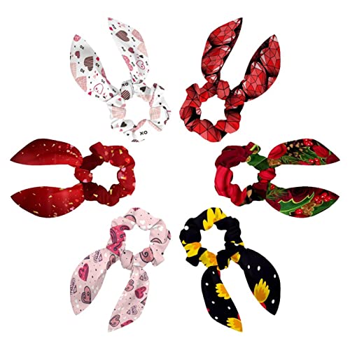Chouchous avec nœud oreilles de lapin en tissu souple imprimé de cœurs géométriques rouges