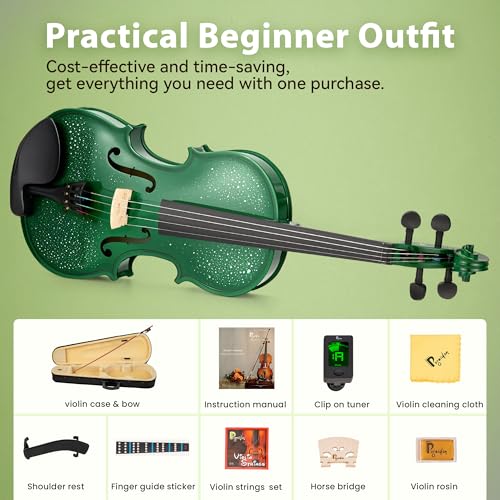 Image of Poseidon Violin for Beginner, Full Size Violin Set for Kids Student with Hard Case, Extra 4 /4 Strings Set, Violin Bow, Horse Bridges, Rosin, Shoulder Rest, Clip-on Tuner, Manual - Green Glossy