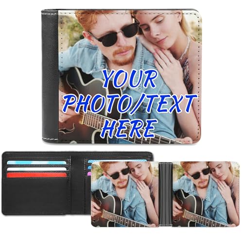Personalized Men Leather Wallet Custom Bifold Wallets with Name Picture Photo High Capacity Thin Wallet for Men Husband Bf Dad Son Birthday Valentine's Day (Double-sided Same Design)