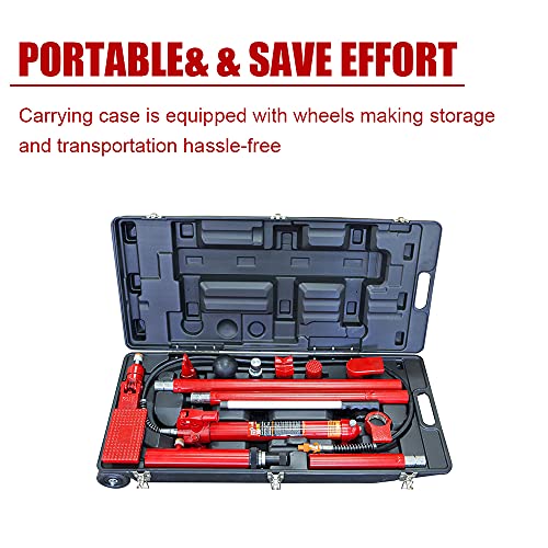 Hpdmc 10 Ton (20,000 Lb) Capacity Portable Hydraulic Ram: Auto Body Frame Repair Kit With Rolling Blow Mold Carrying Storage Case, Red #TOP4