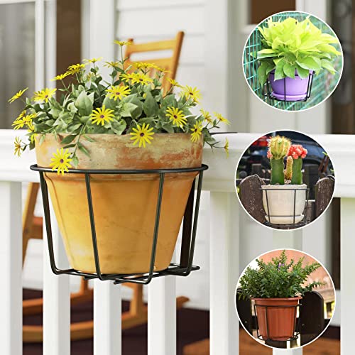 6 PCS Round Hanging Railing Planters Basket, Metal Hanging Railing Planter Flower Pot Holder, Iron Rack Fence Shelf plant holder with Detachable Hook for Balcony, Garden, Indoor and Outdoor (Black)