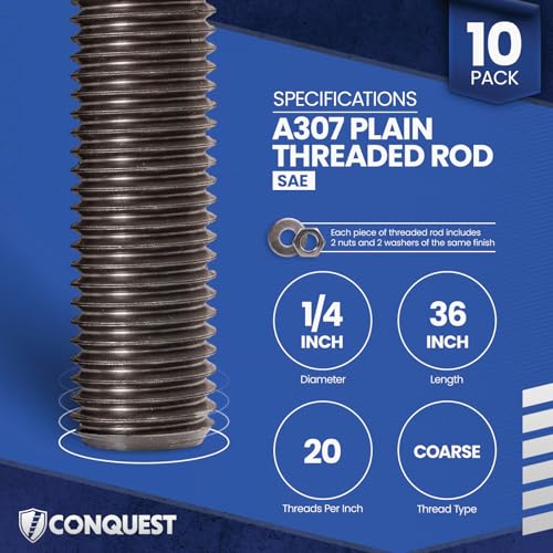 Image of Conquest A307 Unfinished Threaded Rod 1 /4 inch-20 x 36 Inches (10-Pack) - Coarse Threaded All-Thread Rods - ASTM A307 Grade A Standard