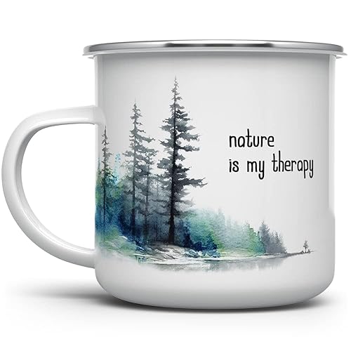 Nature is My Therapy Enamel Campfire Coffee Mug, Outdoor Lover Camping Cup, Mountains Forrest Wildlife Hiking Camp Adventure Gift (12oz)