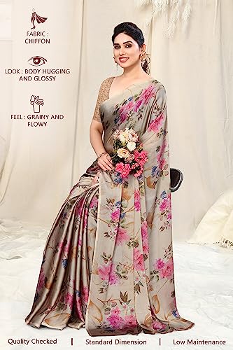 Image of MIRCHI FASHION Women Saree Chiffon Flower Print | Breathable Lightweight Sari for Office and Daily Use with Unstitched Blouse Piece (Available in 30 Styles)
