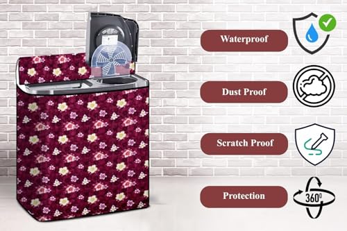 Image of The Furnishing Tree Semi-Automatic Top Load Washing Machine Cover | Waterproof & Dustproof | Easy to Clean | Inlet & Outlet Pipe Provision | Durable & Washable, Floral Red Polyester (56x93x107 CM)