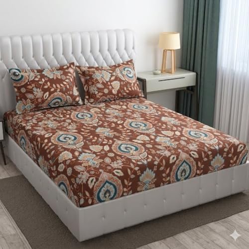 Image of Cotton Bolls Textiles Glace Cotton Flat Bedsheet 90x90 Inch with 2 Pillow Covers - Soft Breathable Glace Cotton, Printed Bedding Set for Double Bed