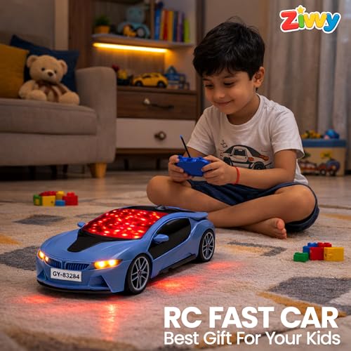 Image of Blue Remote Control Car Toy, RC Racing Vehicle for Children, High Speed, 3D LED Light Car, Kids Battery Car, RC for Boys & Girls Age 3+, Toys for Kids, Birthday Gift for Boys and Girls