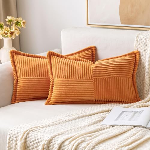 Image of MIULEE Fall Burnt Orange Decorative Lumbar Throw Pillow Covers for Couch Bed Livingroom 12x20 Inch Set of 2 Boho Accent Throw Pllows Broadside Striped Patchwork Soft Corduroy Pillowcases