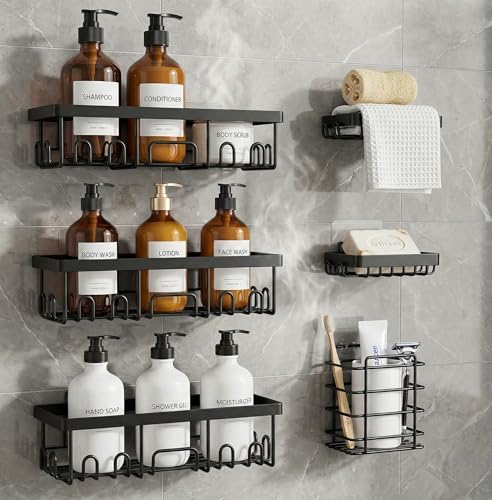 Image of 5-Pack Rustproof Stainless Steel Shower Caddy Set- No Drill Adhesive Bathroom Organizer, Space-Saving Shower Shelves for Apartment Essentials, Bathroom /Kitchen Storage Home Decor (5pcsCaddy)