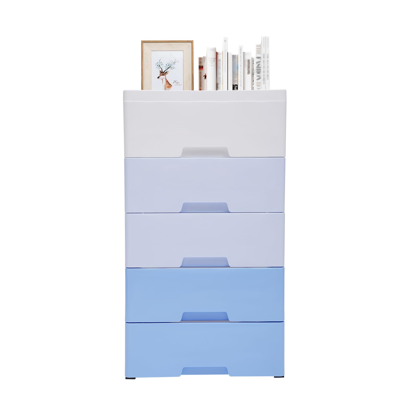 BYGOVICE Plastic Drawers Dresser for Bedroom, Movable Vertical Chest of Drawers in Closet with 5 Drawers, Nightstand Storage Tower Unit Organizer for