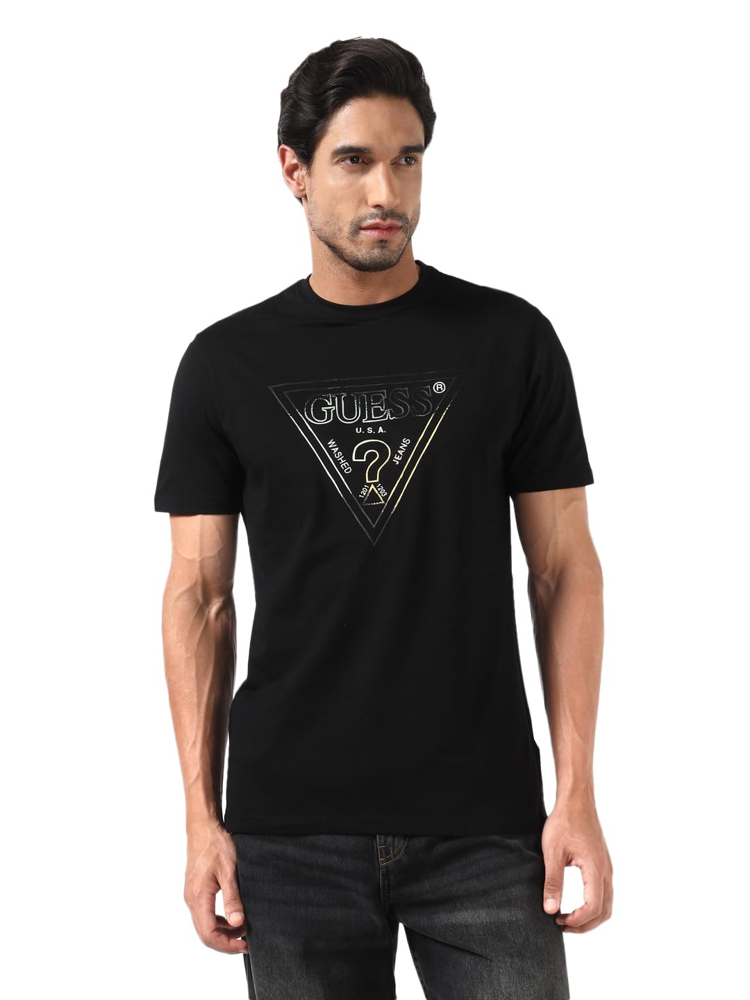 GUESS T-shirt da uomo a maniche corte con scollo rotondo stampato nero jet triangolo