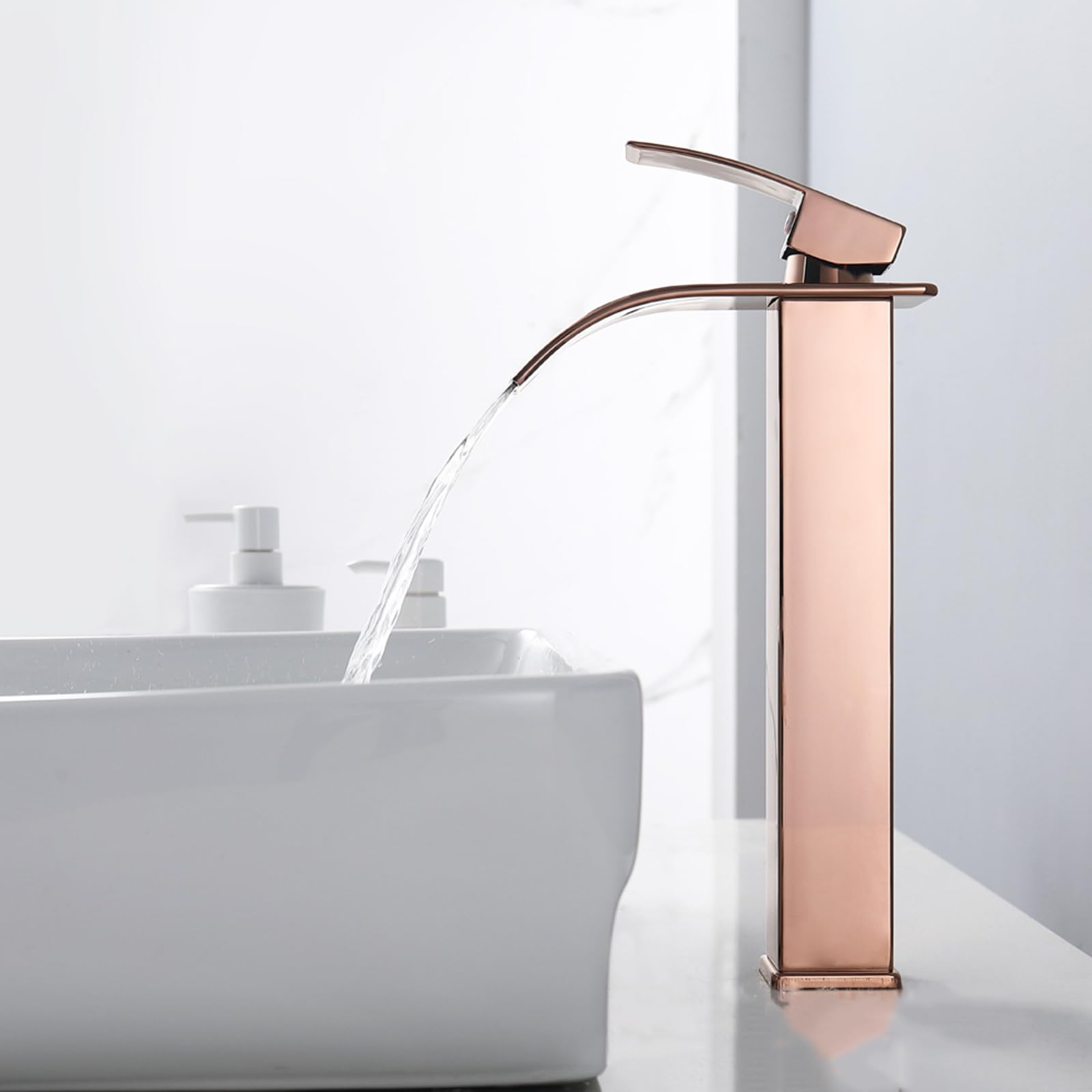Mitigeur Haut pour Vasque Cascade Robinet Lavabo Monotrou Chaud Et Froid Robinet Lave Main En Acier Inoxydable,or Rose