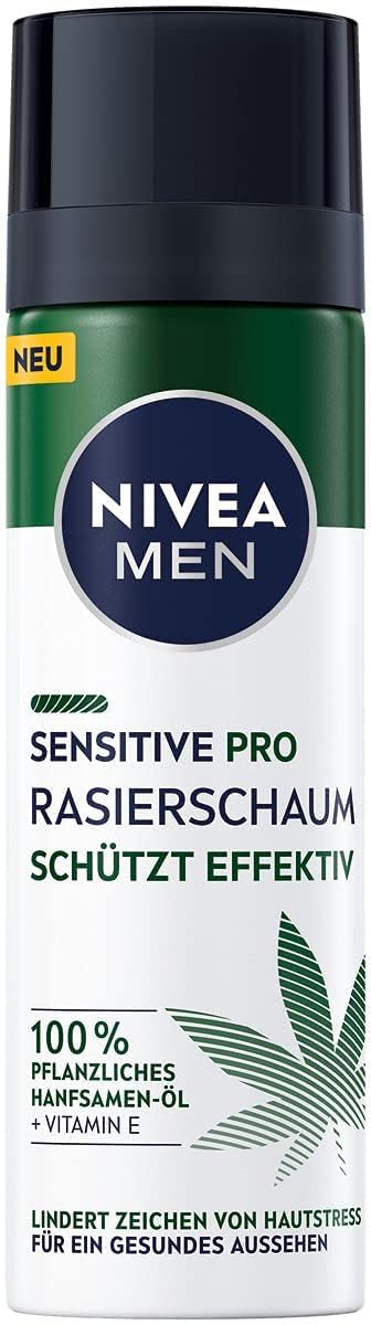 NIVEA MEN Sensitive Pro Rasierschaum (200 ml), sensitiver Rasierschaum für Männer mit Hanfsamenöl & Vitamin E, Schutz vor Hautirritationen für eine sanfte und glatte Rasur