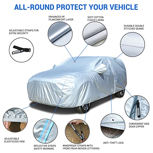 Image of Tecoom Car Cover Waterproof All Weather, 8 Layers Soft Cotton Fleece Lining SUV Car Cover with Zipper Door & Lock, Windproof Rain Sun UV Hail Protector Full Exterior Covers Fit SUV (206-215 Inches)