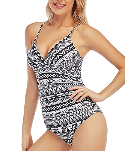 Boniee Women's One Piece Padded Swimsuit Athletic Tummy Control V Neck Swimwear Stripe Cross Bathing Suits Geometric M White #TOP2