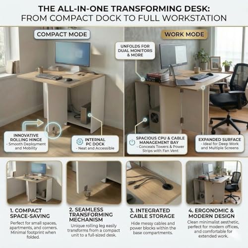 Image of FFO Foldable Study Table for Students Foldable Design - Engineered Wood Computer Desk and Work Table for Home Office, Table with Storage, Desk with Book Shelf for Home PC & Gaming Desk