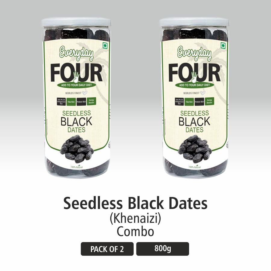 Image of Everyday Four Seedless Black Dates | All Natural Fresh Khajur with No Added Sugar | Healthy & Nutrition Free 800g Dry Fruits | Black Khajoor Rich in Protein & Vitamin Vegan Finest Dates