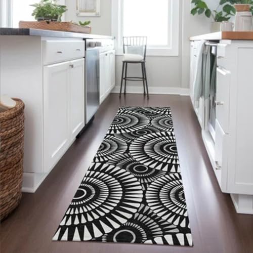 Image of SAGON 2x5 Ft Printed Runner Carpet - Cotton Bedside Rug for Bedroom & Living Room (Black Circul)