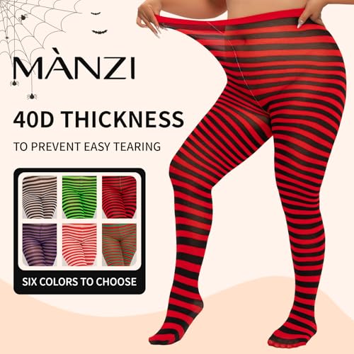 Image of MANZI 2 Pairs Women's Plus Size Colored Striped Tights 40D Nylon Striped Pantyhose for Halloween Christmas
