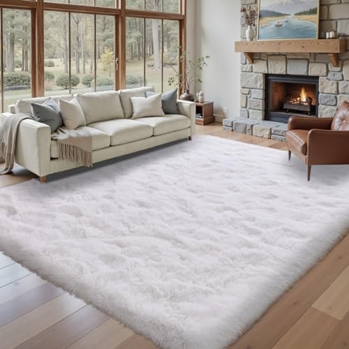 9x12 ft Fluffy White Rugs for Living Room Soft Fuzzy Bedroom Area Rug Non-Slip Shaggy Carpet for Nursery Kids PlayRoom Dorm Office Indoor Modern Plush Carpet Teens