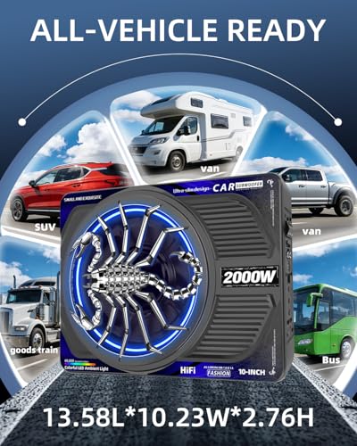 Image of 2000W 10 Inch Underseat Car Subwoofer and Amp Package, Slim Powered Under Seat Sub with Built-in Class D Amp, RGB Beat-Synced Light, Low Pass Filter, Bass Boost for Truck SUV
