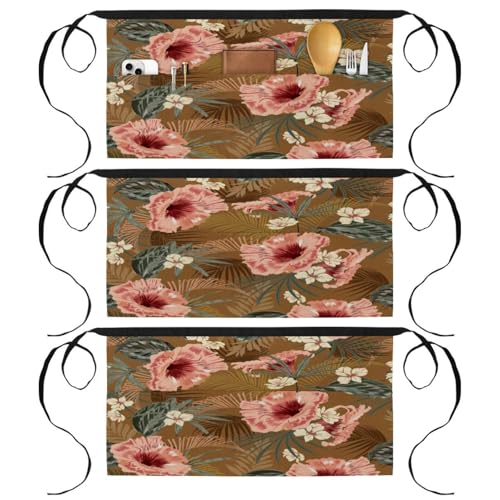 Lot de 3 tabliers courts de chef à 3 poches, motifs fleurs rétro multicolores