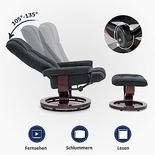 M MCombo Relaxsessel mit Hocker, 360°drehbarer Fernsehsessel mit Liegefunktion, bis 120 Kg belastbarer TV-Sessel, moderner Ruhesessel für Wohnzimmer, Webstoff, 9019 (Dunkelgrau-Webstoff) – Bild 5