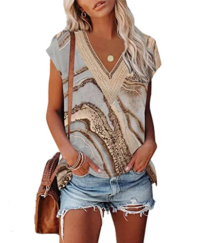 GRMLRPT Blusa Cuello en V Color Sólido 2025 Camisa Manga Corta Mujer Verano Moda T-Shirt Elegante Camiseta Suelto Tops Casual(Beige,L)