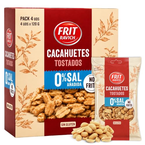Cacahuetes Tostados sin Sal, Cacahuetes sin cascara, Alto contenido de fibra, Fuete de proteínas y Magnesio, Sin Gluten, Producto Español, Producto sin sal, Contiene 4 unidades de 120 g