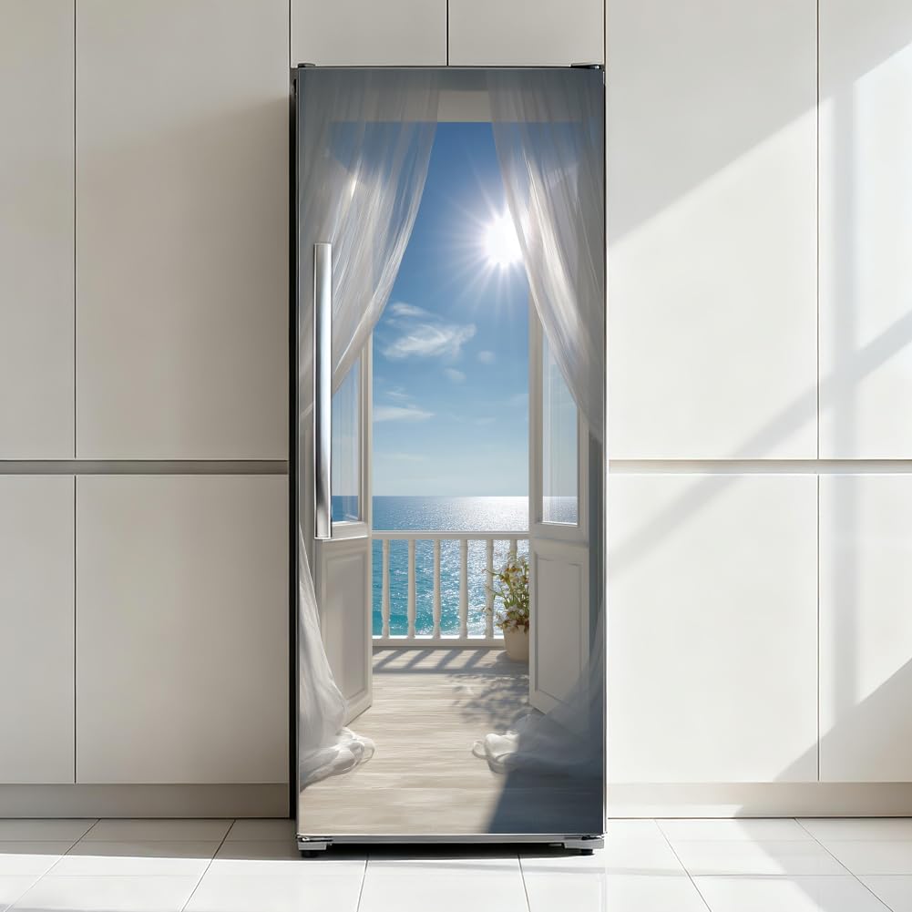 arricraft 2 adesivo porta, 31,5 "x78,7" vista sull'oceano del balcone cielo blu e nuvole bianche porta a parete adesivi PVC carta da parati rimovibile per le camere da letto Soggiorno