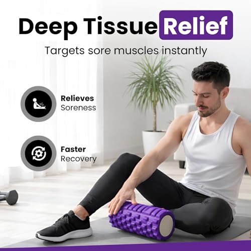 Image of Yogikuti Foam Roller for Muscle Recovery | High-Density Deep Tissue Massage Roller | Relieves Back Pain & Muscle Tension | Textured Anti-Slip Surface | Fitness & Yoga Tool (Purple, Large)