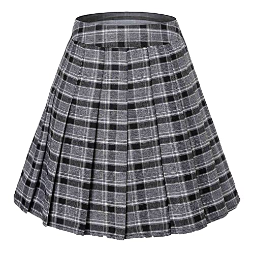 Hoerev Frauen Mädchen Kurze hohe Taille gefaltete Skater Tennis Schule Rock,Schwarz_Grau,36