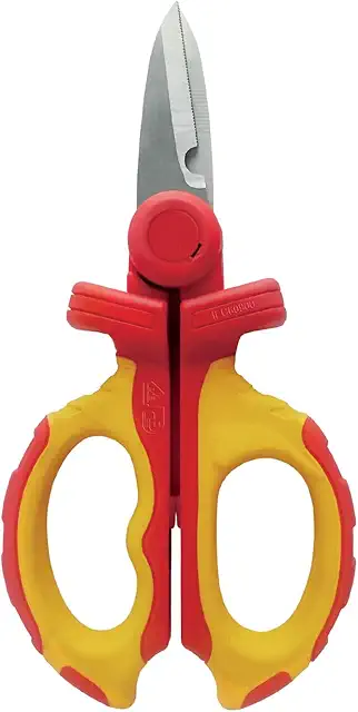 Geïsoleerd gereedschap 1000V: Rode en gele geïsoleerde elektriciënsschaar