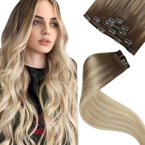 LaaVoo Extension Cheveux Naturel Clip Brun Balayage Blanc Extension a Clip Cheveux Vrai Humain Marron Clair Ombre a Blonde Clair Blond Platine Courte 5pcs 80g...