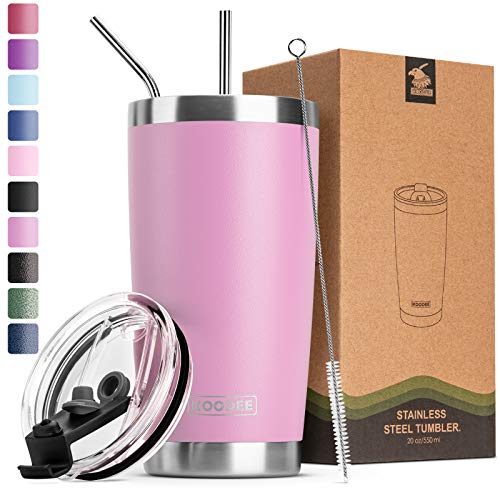 Koodee 20 oz Tumbler with Lid-Stainless Steel Double Wall Vacuum Insulated Coffee Tumbler Cup with 2 Straws, 1 Lids and Brush (Baby Pink)