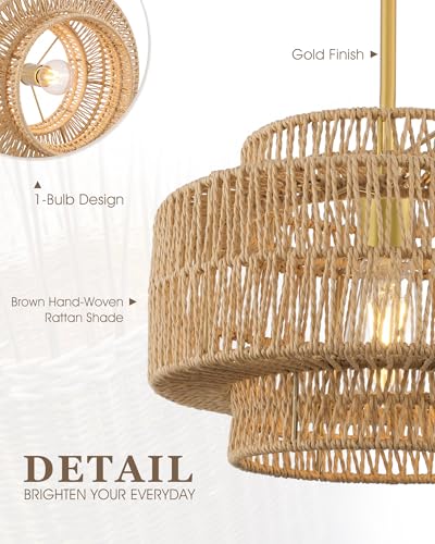 Image of 12.5 inch Gold Boho Rattan Chandelier, 3-Tier Hand Woven Shade