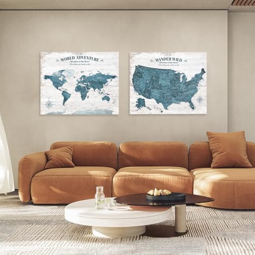 Image of IPIC - Antique Blue World Map & USA Map Canvas Wall Art Set of 2, Travel Wall Decor with Pins Included, Ready to Hang for Office or Living Room, 30x24 Inch