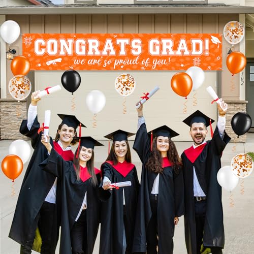 Image of 37Pcs Graduation Banner Balloon Decorations Class of 2026, Congrats Grad Banner Yard Outdoor Decorations, Graduation Banner Set for High School College Graduation Party Supplies, Orange