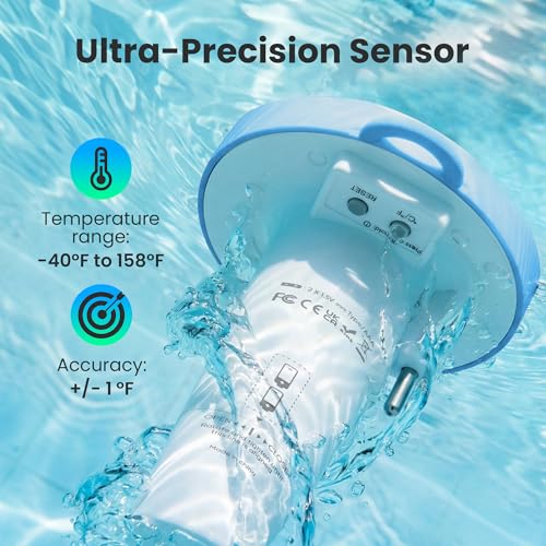 Image of Pool Thermometer Floating, Digital Swimming Pool Thermometer, IPX8 Waterproof with Double Sided Display for Pond, Hot Tub, Aquarium (Light Blue, Battery Powered)