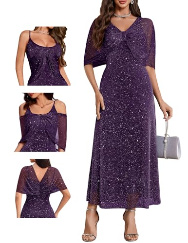BeryLove Women Sequin Formal Party Dress Sparkly Wedding Dresses Cocktail Evening Gown S0033 Purple-2XL