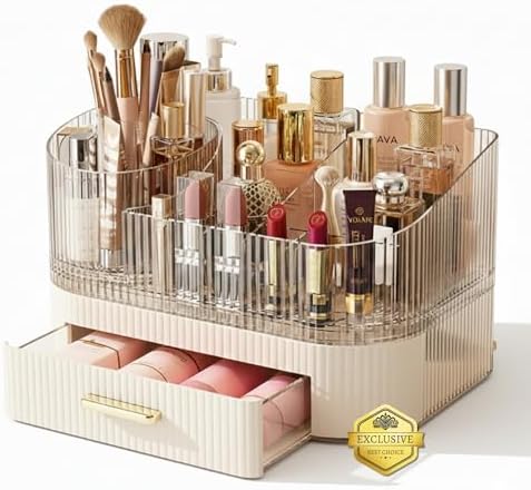 Makeup Organizer with Stackable Drawers and Rotating Module, Transparent with Cream Drawer for Cosmetics, Brushes and Perfumes for Vanity and Desk Makeup Organizer