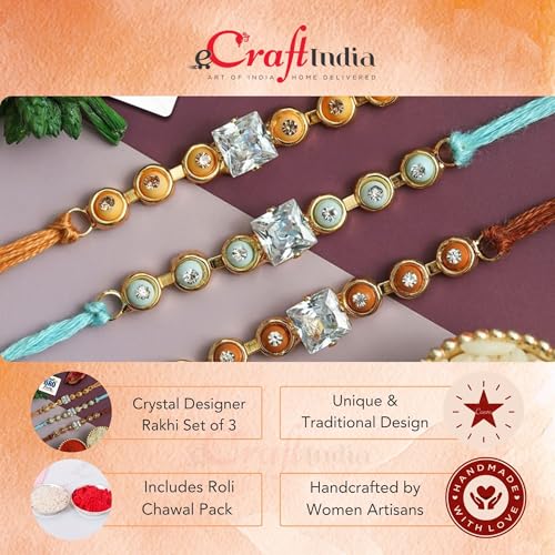 Image of eCraftIndia Crystal Designer Rakhi Set of 3 | Rakhi for Brother Bhaiya Bhai with Best Bro Ever Fridge Magnet | Roli Chawal Pack
