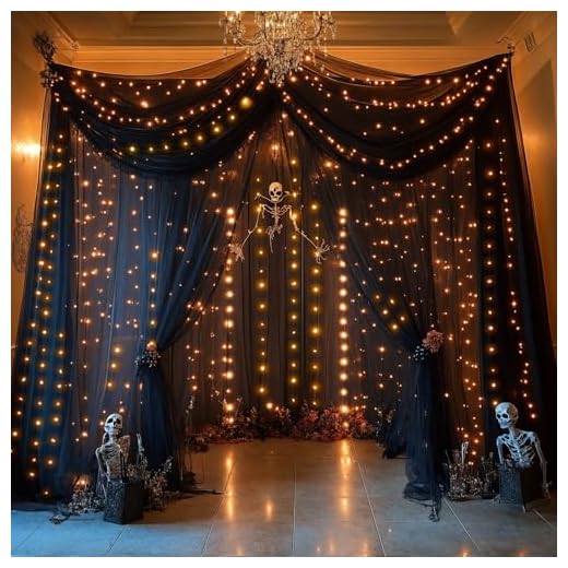 Black Tulle Photo Backdrop with String Lights