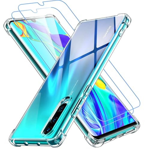 Ruayia Cover per Huawei P30, 2 x Vetro Temperato Protezione schermo, Trasparente Silicone Case, Antiurto Anti-Ingiallimento TPU Anti-Graffi Clear Custodia Bumper Morbida Cover - 6,1 Pollici -