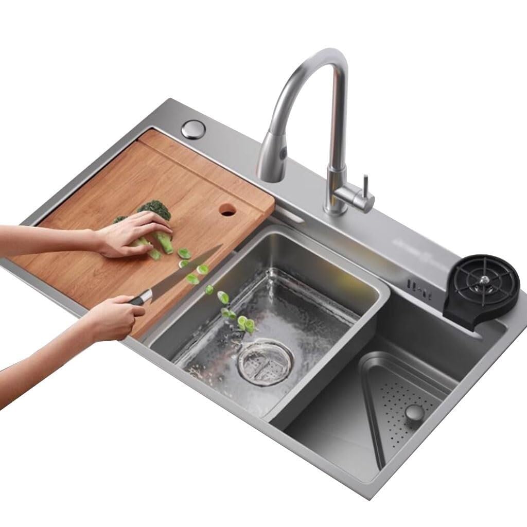 SDdPulse Stainless Steel Kitchen Sink with Tap and Glass Washer - Space-Saving Design for Home and Restaurant, Grigio-68 x 46 x 24.5 cm