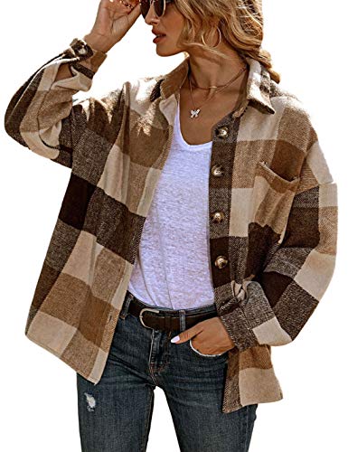 Himosyber Women's Retro Woolen Grid Lapel Button Long Sleeve Shacket Shirt Coat?Brown-L?