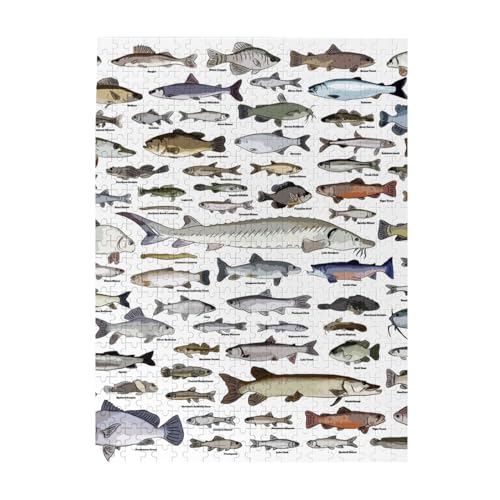 ジグソーパズル 500ピース 魚の品種 面白い魚 木製 環境に優しい A5のポスター付き アート 一人暮し 雰囲気 週末 遊び 友達と一緒に 円やか A～Fヒントあり 収納箱付き 男女兼用 色褪せない 集中力トレ 壁アート 6歳以上向け 52*38cm