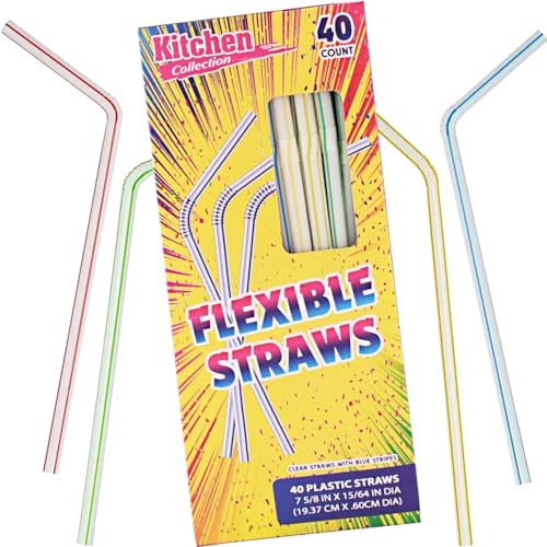 Image of Bluesky Trading Kitchen Collection Clear Flexible Straws With Blue Stripes(7.63 inch x 0.23 inch) - Pack Of 40 - Stylish & Disposable Plastic, Perfect for Cold Drinks, Parties, Smoothies, Everyday Use, & More